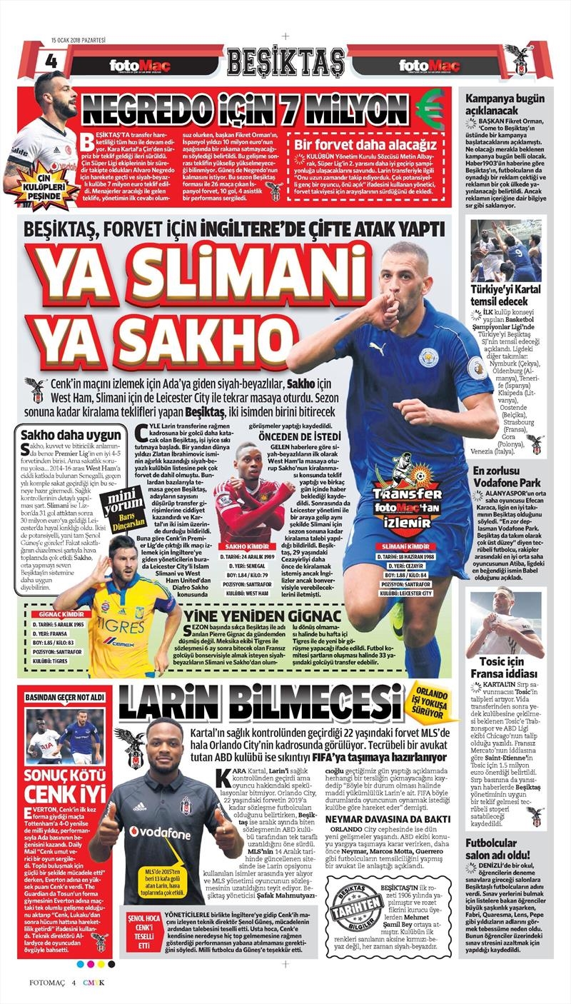 15 Ocak 2018 | Gazetelerin Beşiktaş Manşetleri - Görsel 6