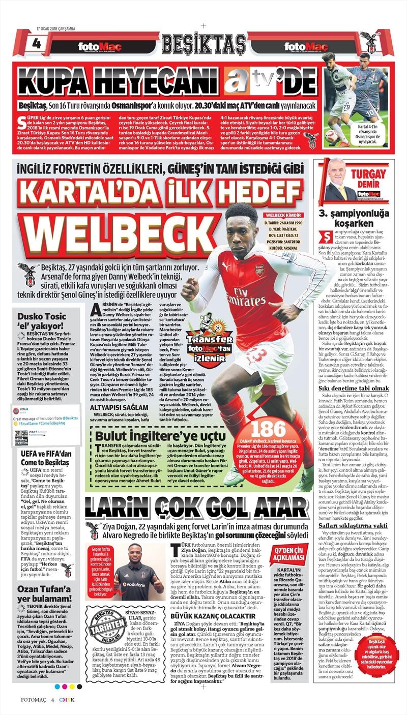 17 Ocak 2018 | Gazetelerin Beşiktaş Manşetleri - Görsel 7