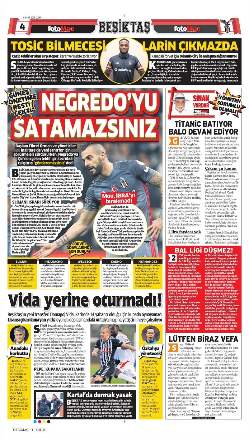 19 Ocak 2018 | Gazetelerin Beşiktaş Manşetleri - Görsel 6