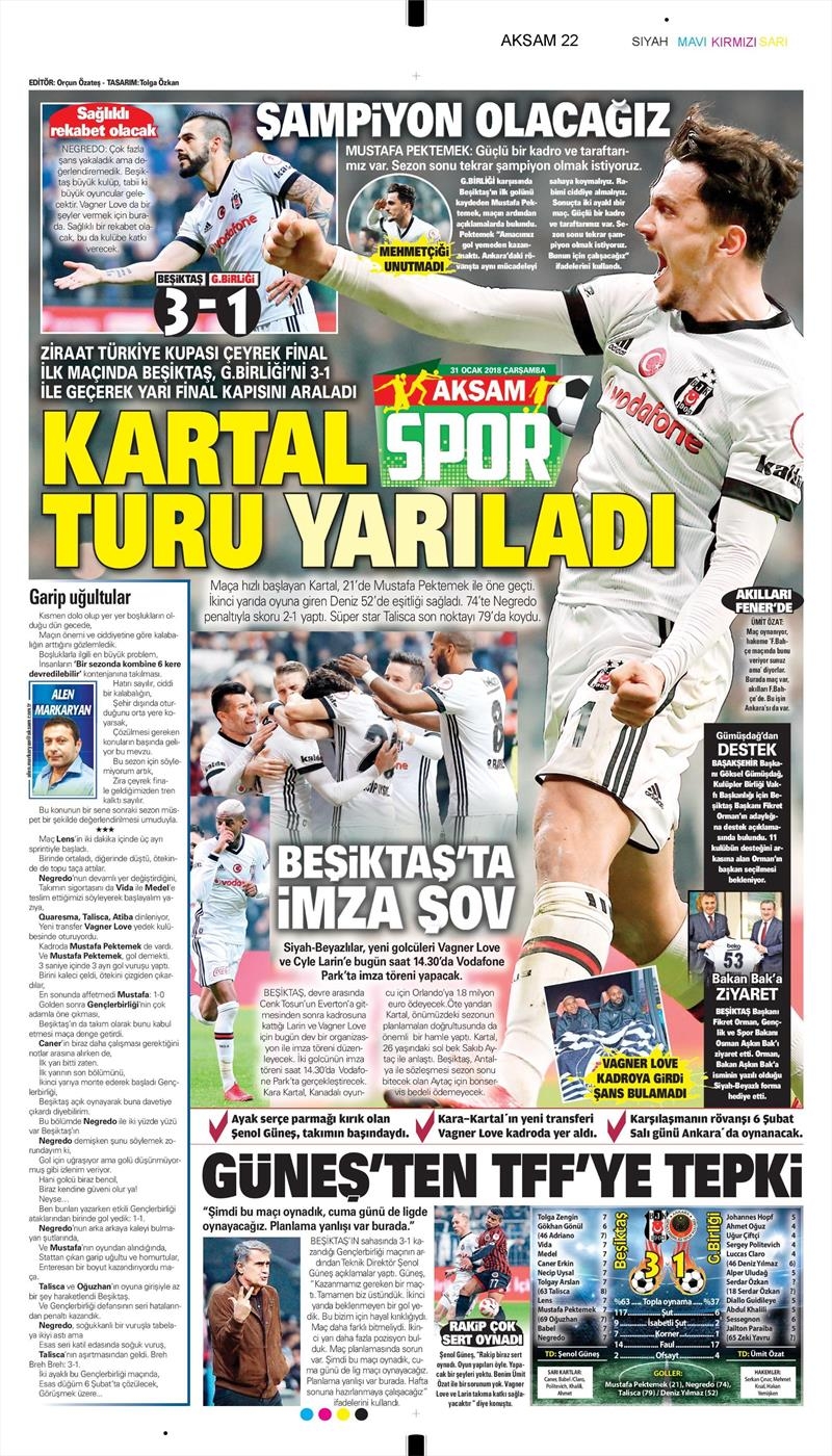 31 Ocak 2018 | Gazetelerin Beşiktaş Manşetleri - Görsel 1