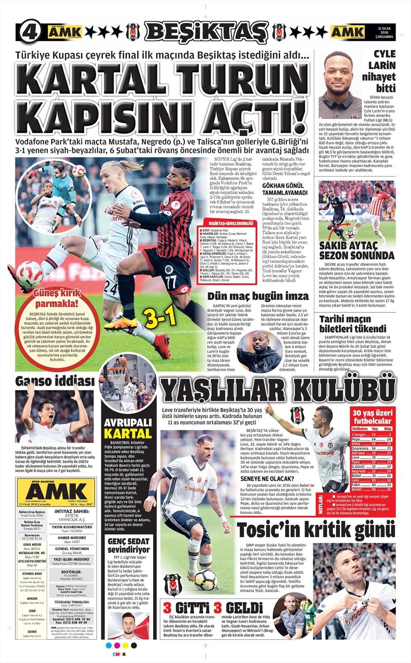 31 Ocak 2018 | Gazetelerin Beşiktaş Manşetleri - Görsel 2