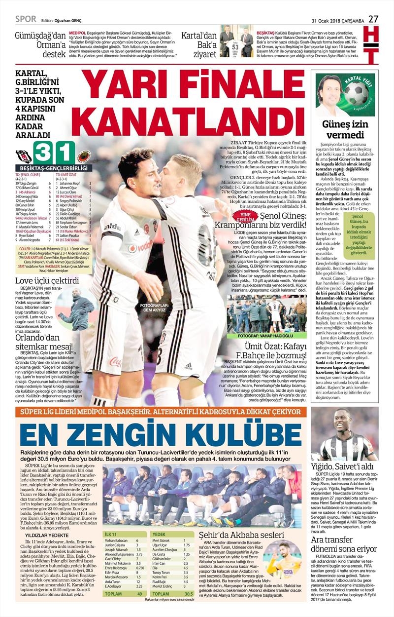 31 Ocak 2018 | Gazetelerin Beşiktaş Manşetleri - Görsel 3