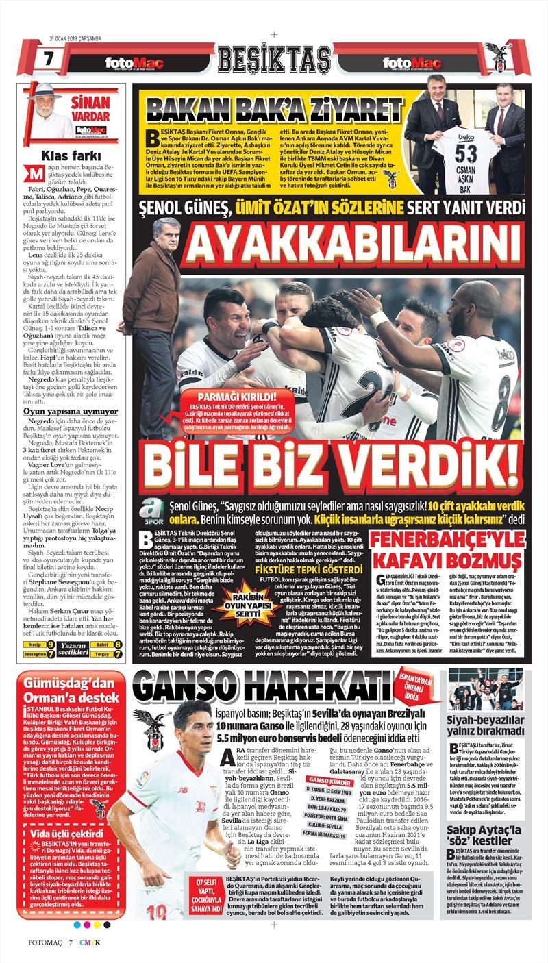 31 Ocak 2018 | Gazetelerin Beşiktaş Manşetleri - Görsel 5