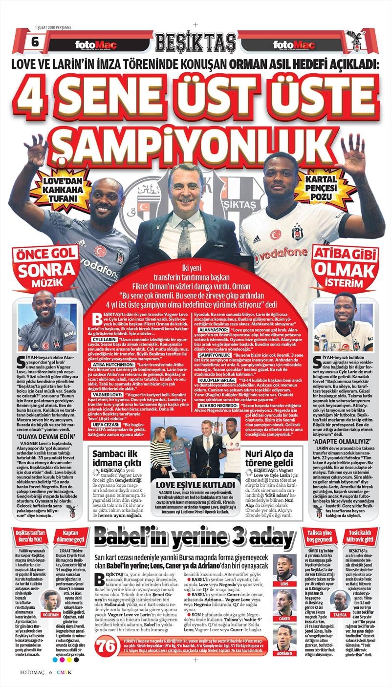 01 Şubat 2018 | Gazetelerin Beşiktaş Manşetleri - Görsel 4