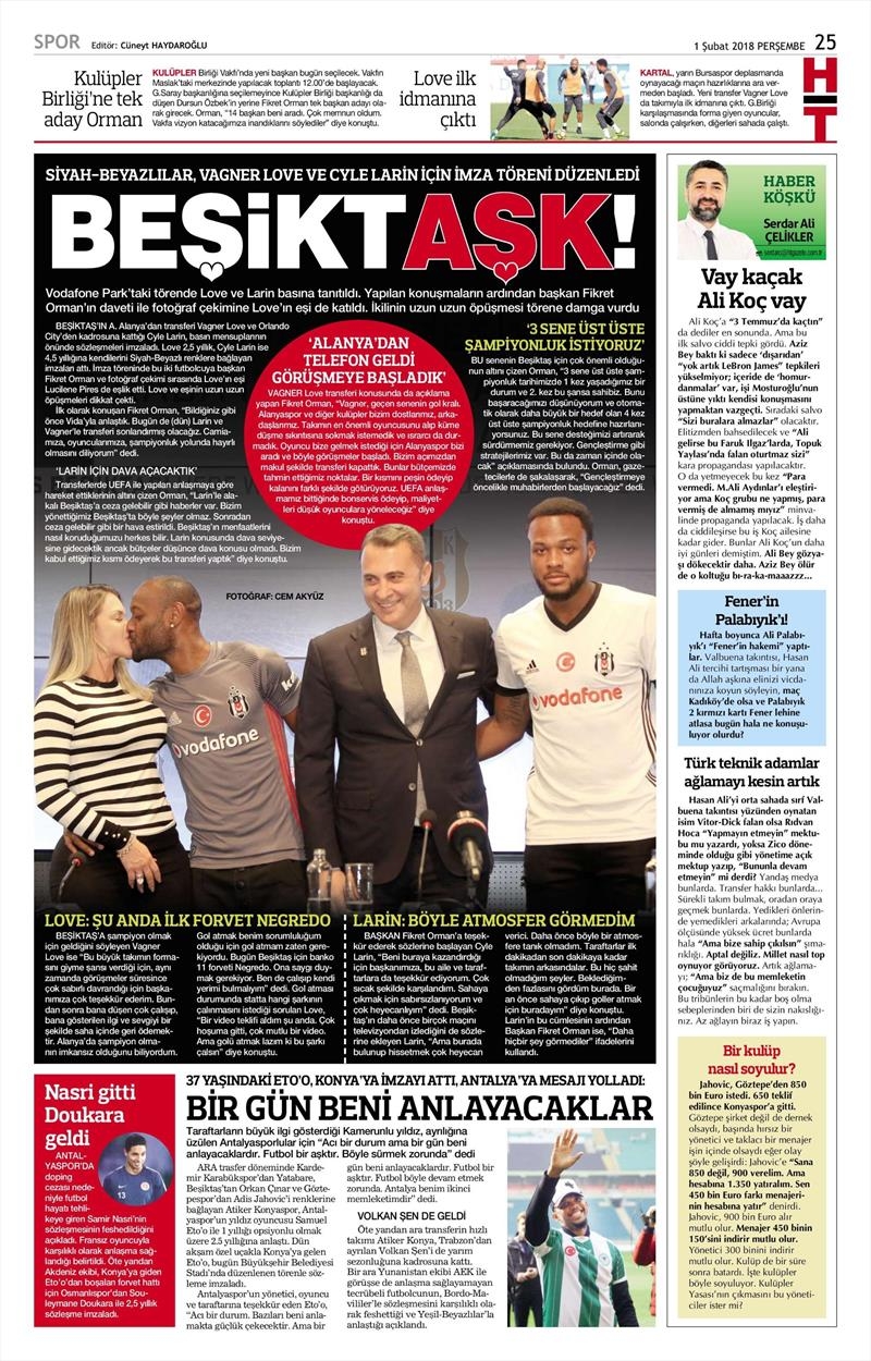 01 Şubat 2018 | Gazetelerin Beşiktaş Manşetleri - Görsel 5
