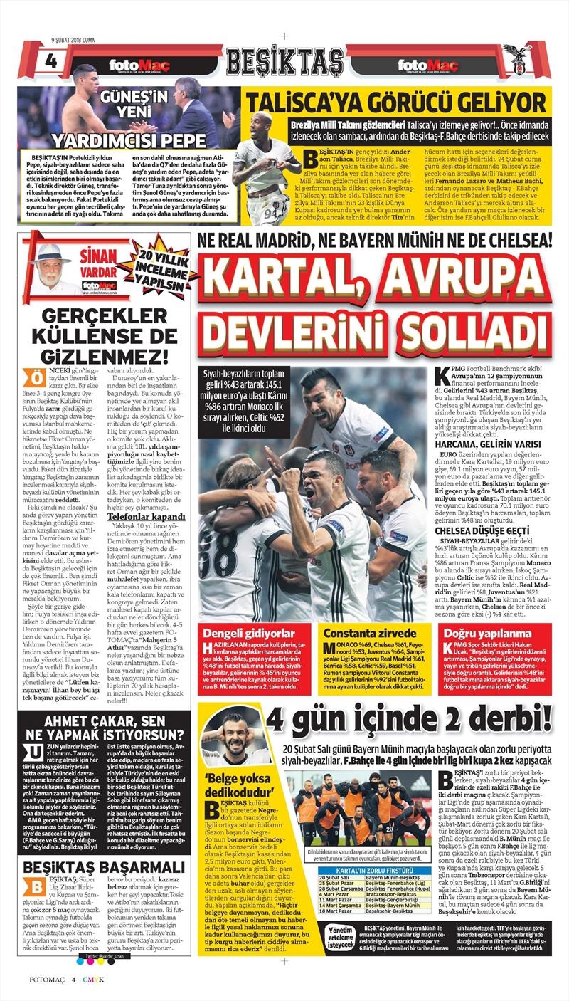 09 Şubat 2018 | Gazetelerin Beşiktaş Manşetleri - Görsel 6