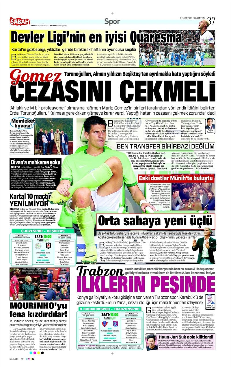1 Ekim 2016 | Beşiktaş sayfaları - Görsel 2