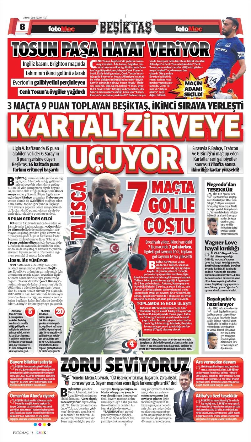 12 Mart 2018 | Gazetelerin Beşiktaş Manşetleri - Görsel 2