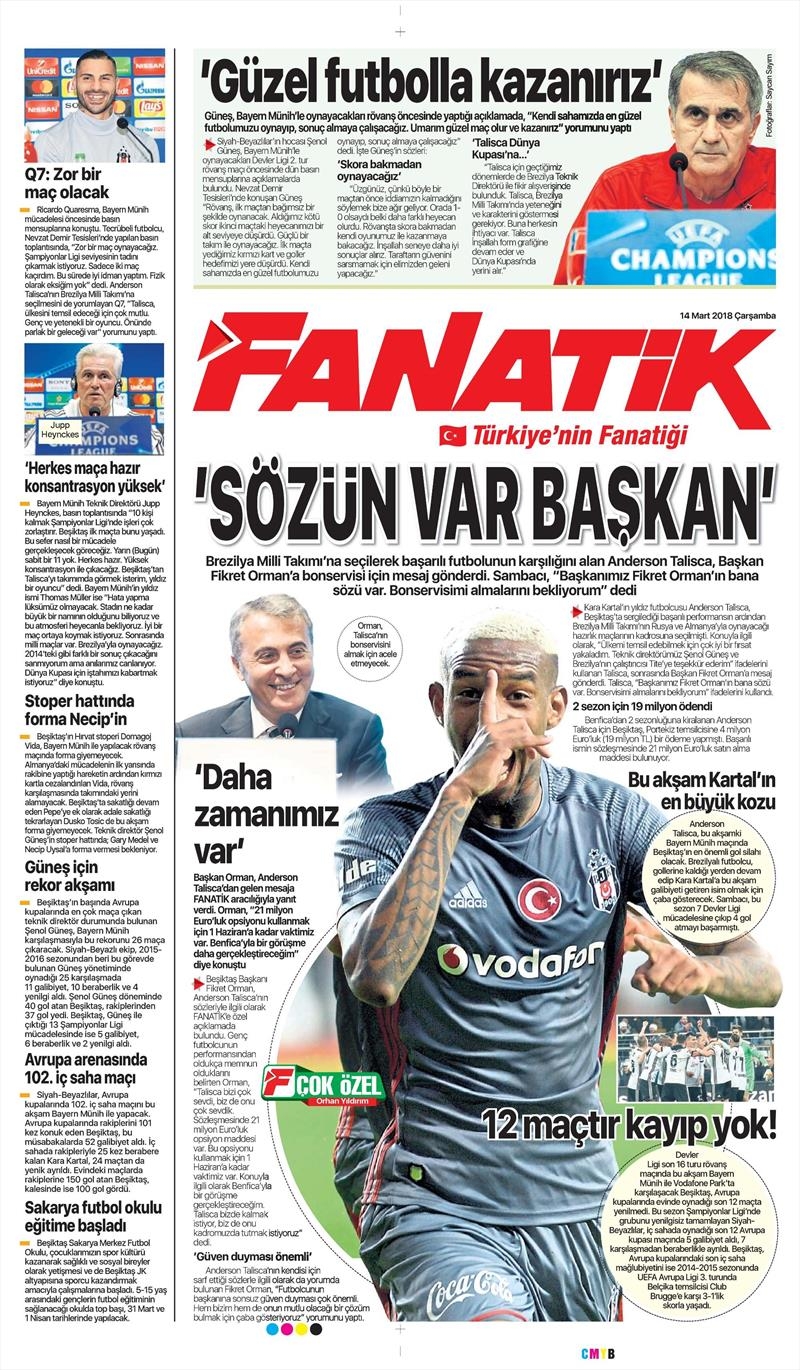 14 Mart 2018 | Gazetelerin Beşiktaş Manşetleri - Görsel 2