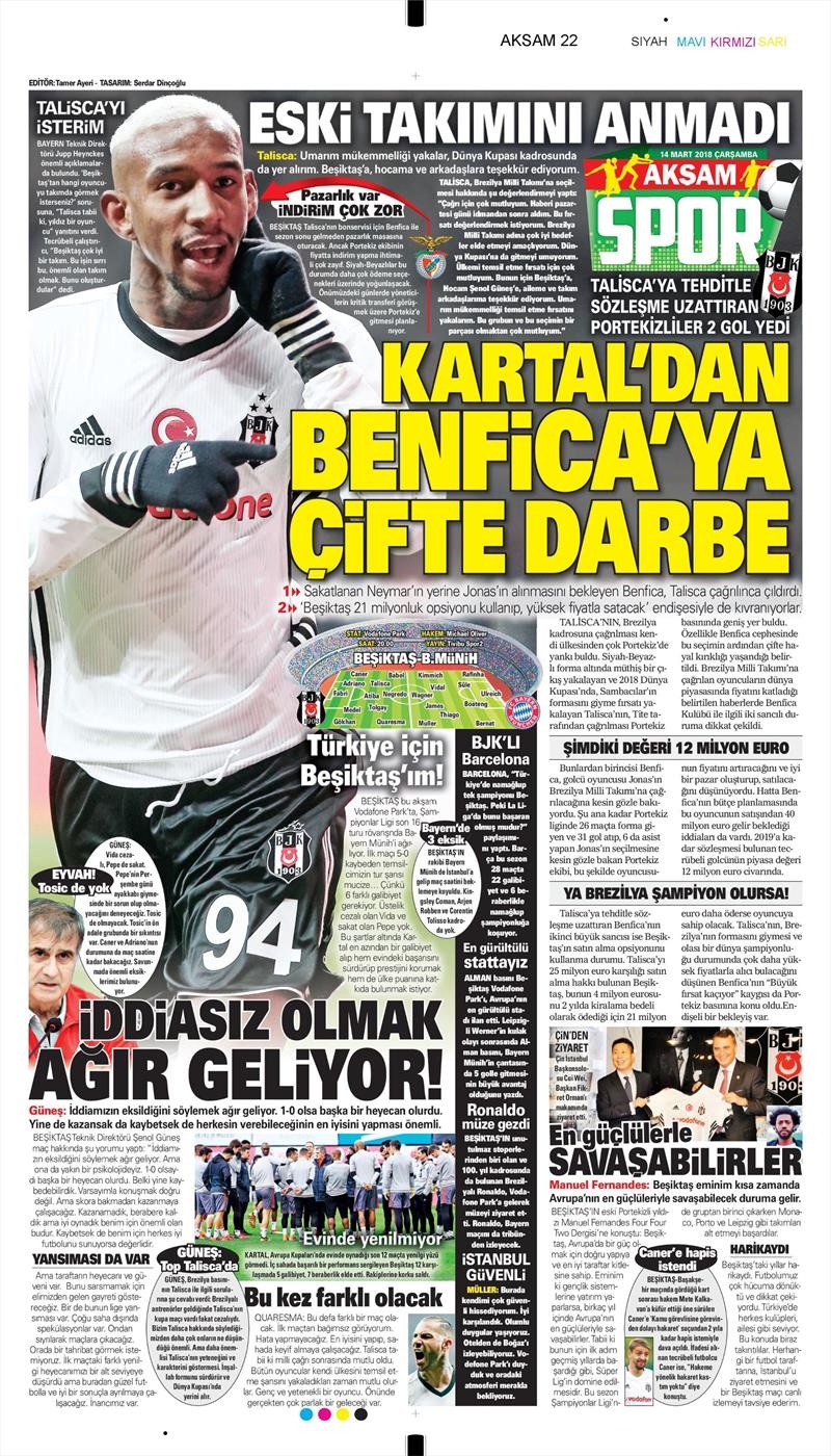 14 Mart 2018 | Gazetelerin Beşiktaş Manşetleri - Görsel 3