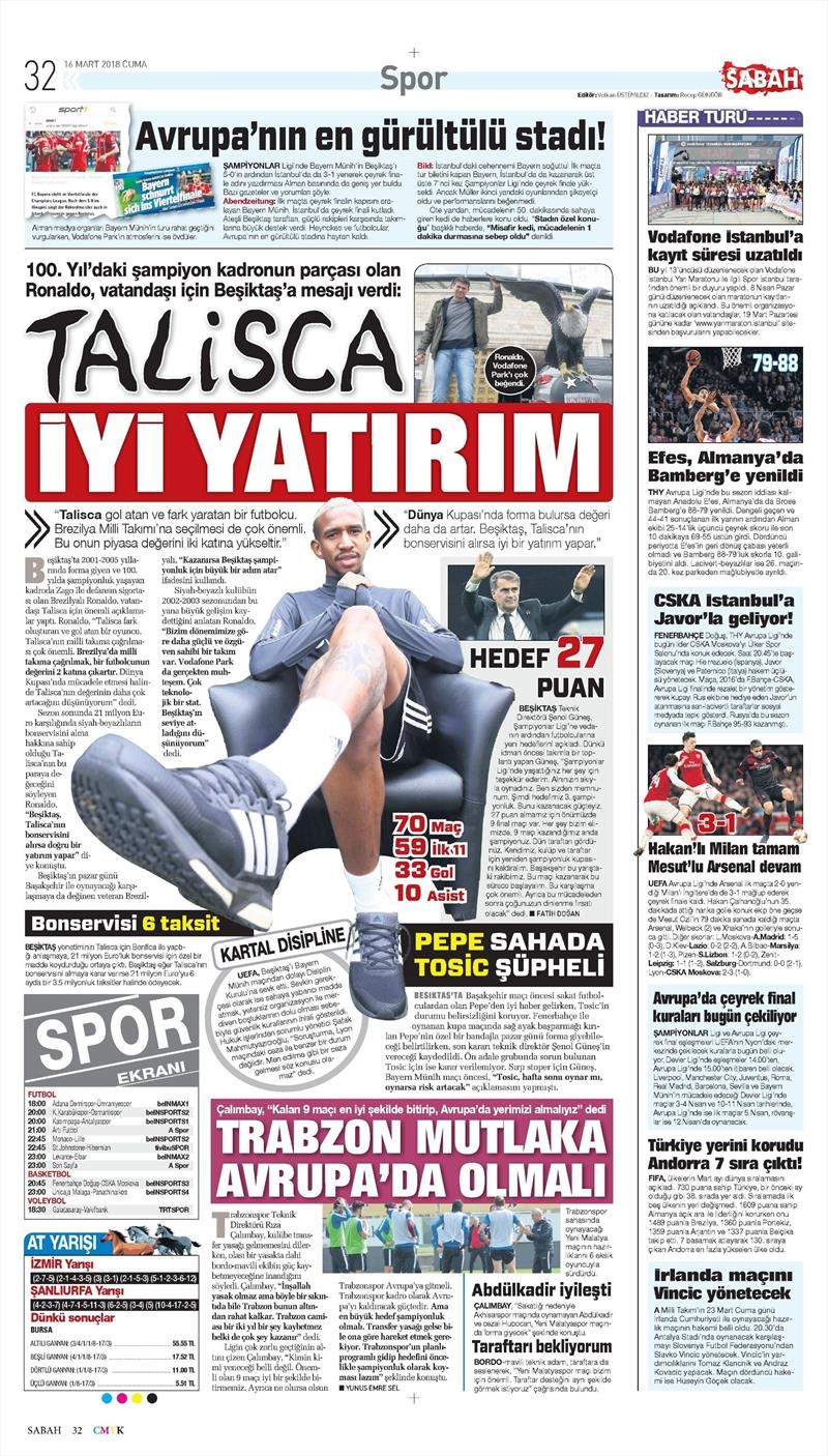 16 Mart 2018 | Gazetelerin Beşiktaş Manşetleri - Görsel 1