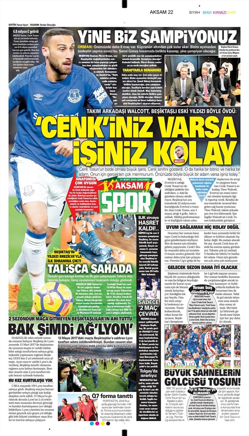 21 Mart 2018 | Gazetelerin Beşiktaş Manşetleri - Görsel 1