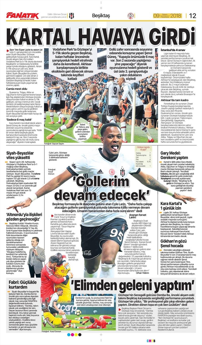 9 Nisan 2018 | Gazetelerin Beşiktaş Manşetleri - Görsel 1