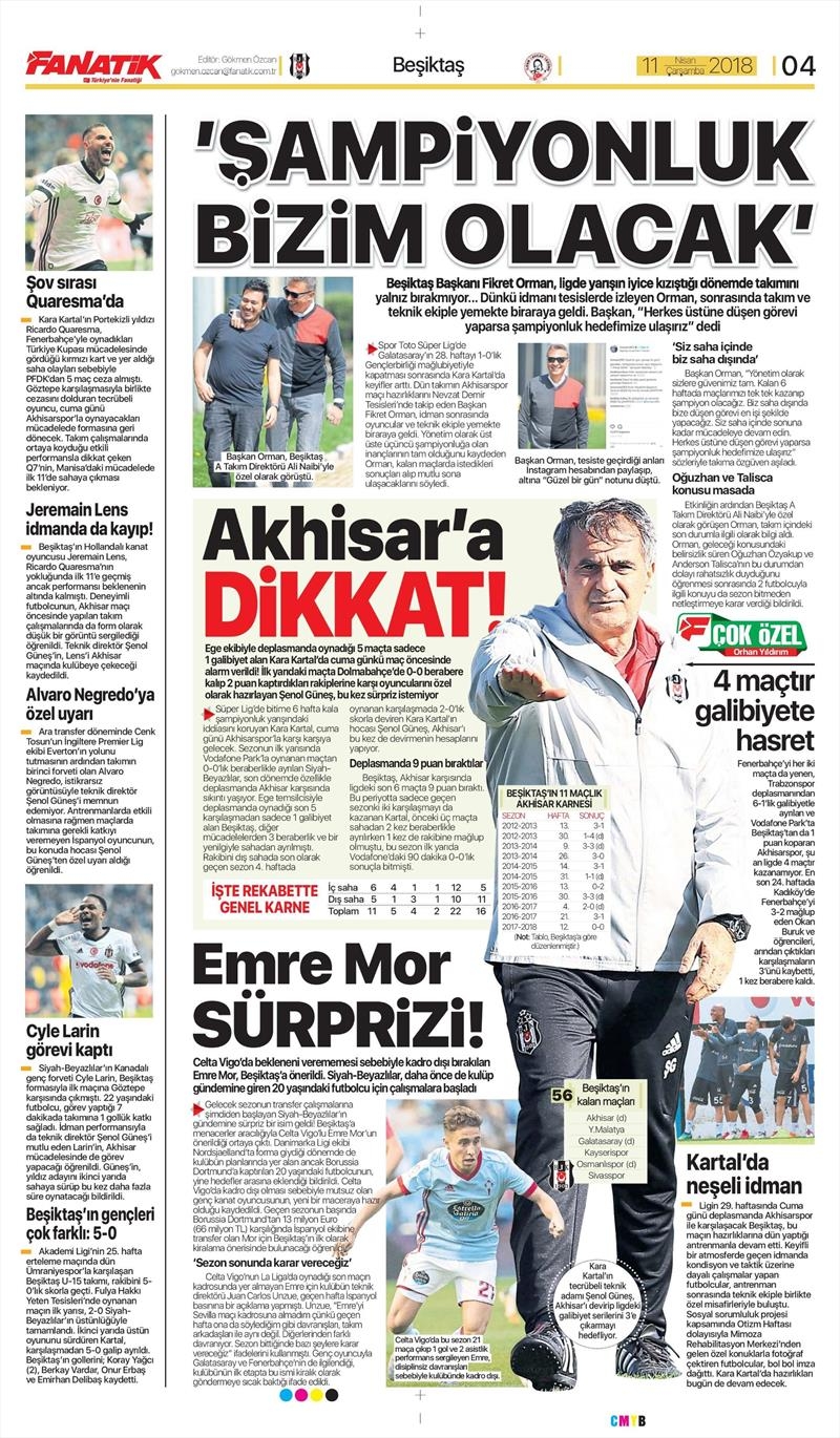 11 Nisan 2018 | Gazetelerin Beşiktaş Manşetleri - Görsel 3