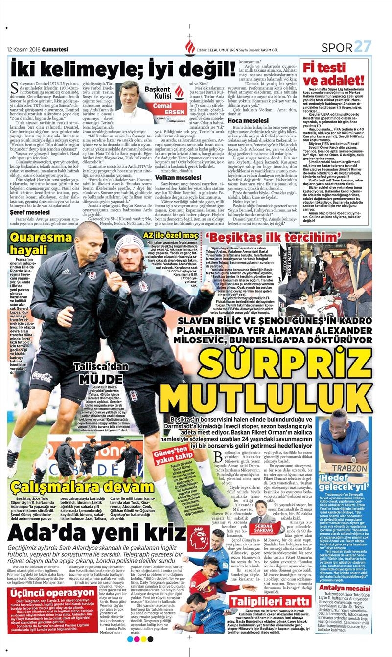 12 Kasım 2016 | Gazetelerin Beşiktaş sayfaları - Görsel 3
