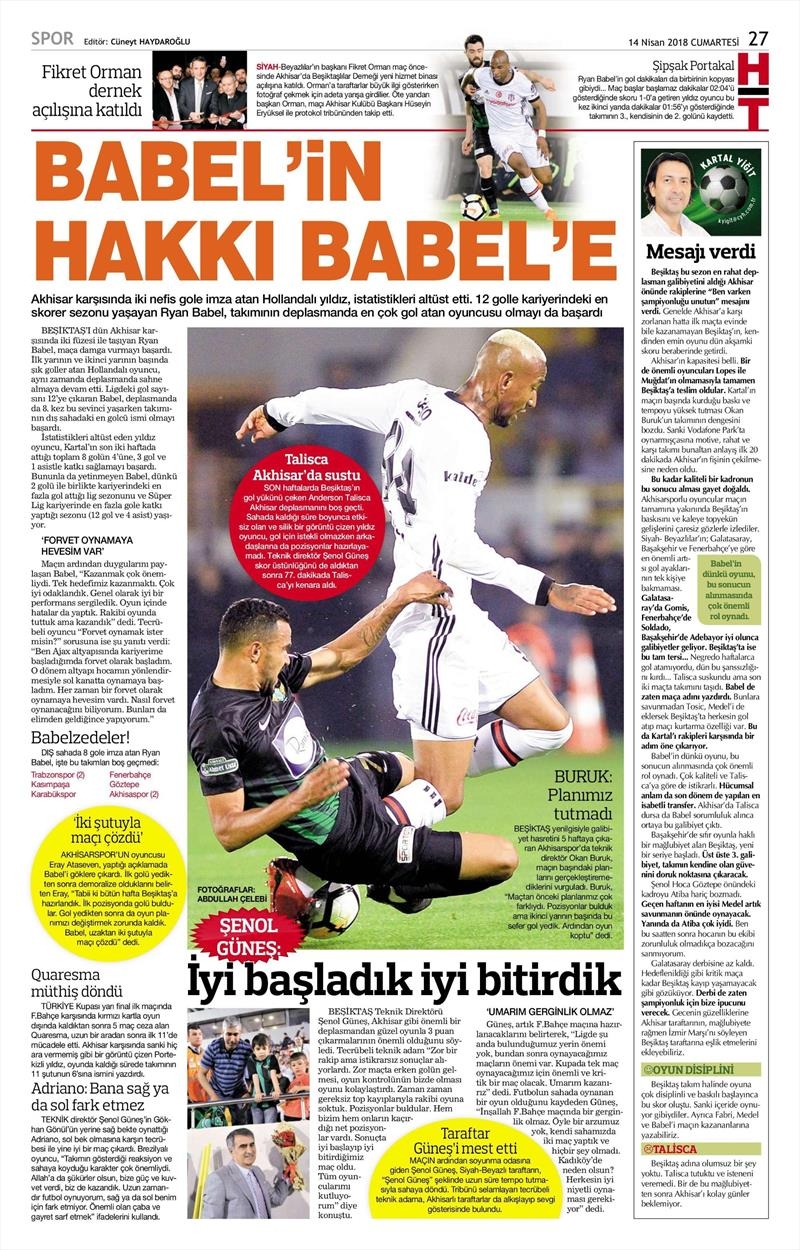14 Nisan 2018 | Gazetelerin Beşiktaş Manşetleri - Görsel 12