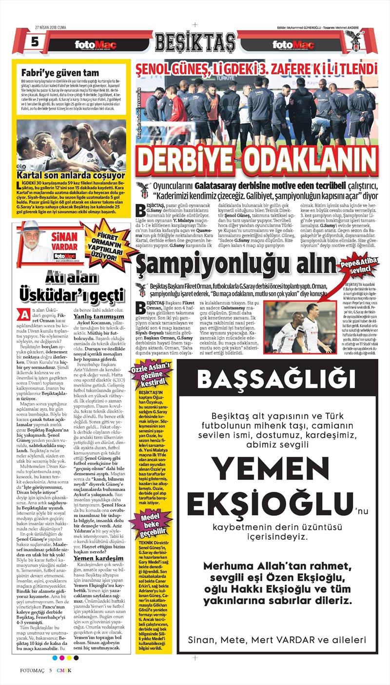 27 Nisan 2018 | Gazetelerin Beşiktaş Manşetleri - Görsel 6