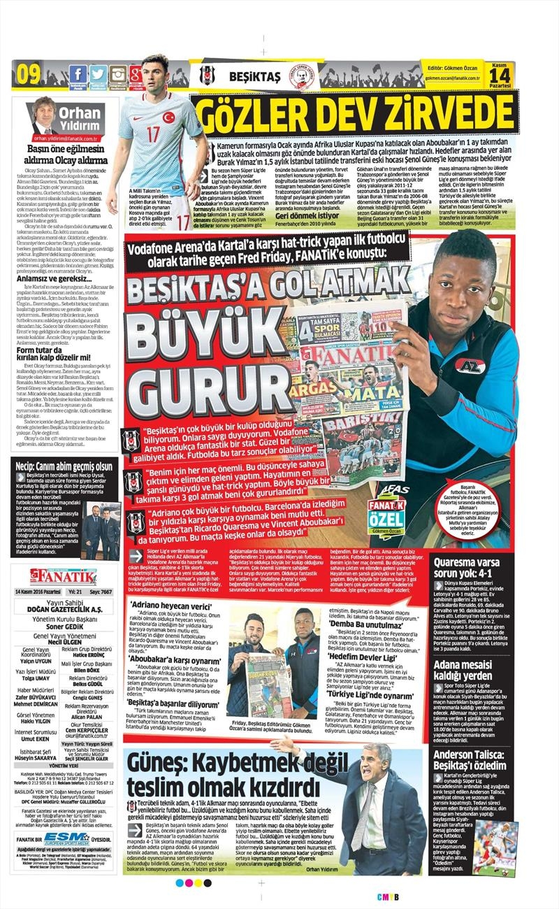 14 Kasım 2016 | Gazetelerin Beşiktaş sayfaları - Görsel 1
