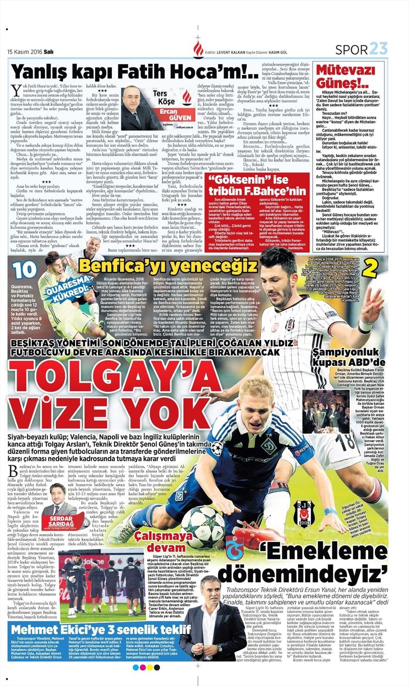 15 Kasım 2016 | Gazetelerin Beşiktaş sayfaları - Görsel 6