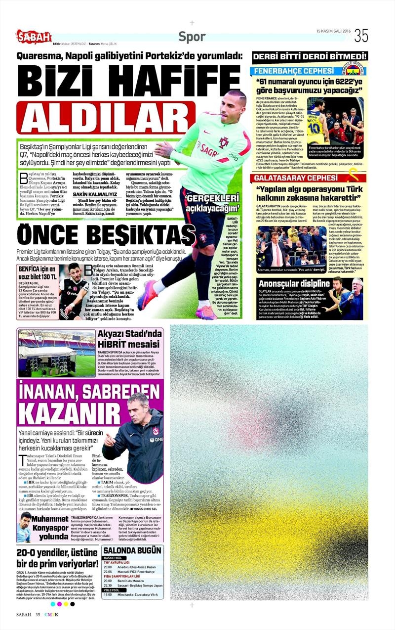 15 Kasım 2016 | Gazetelerin Beşiktaş sayfaları - Görsel 8