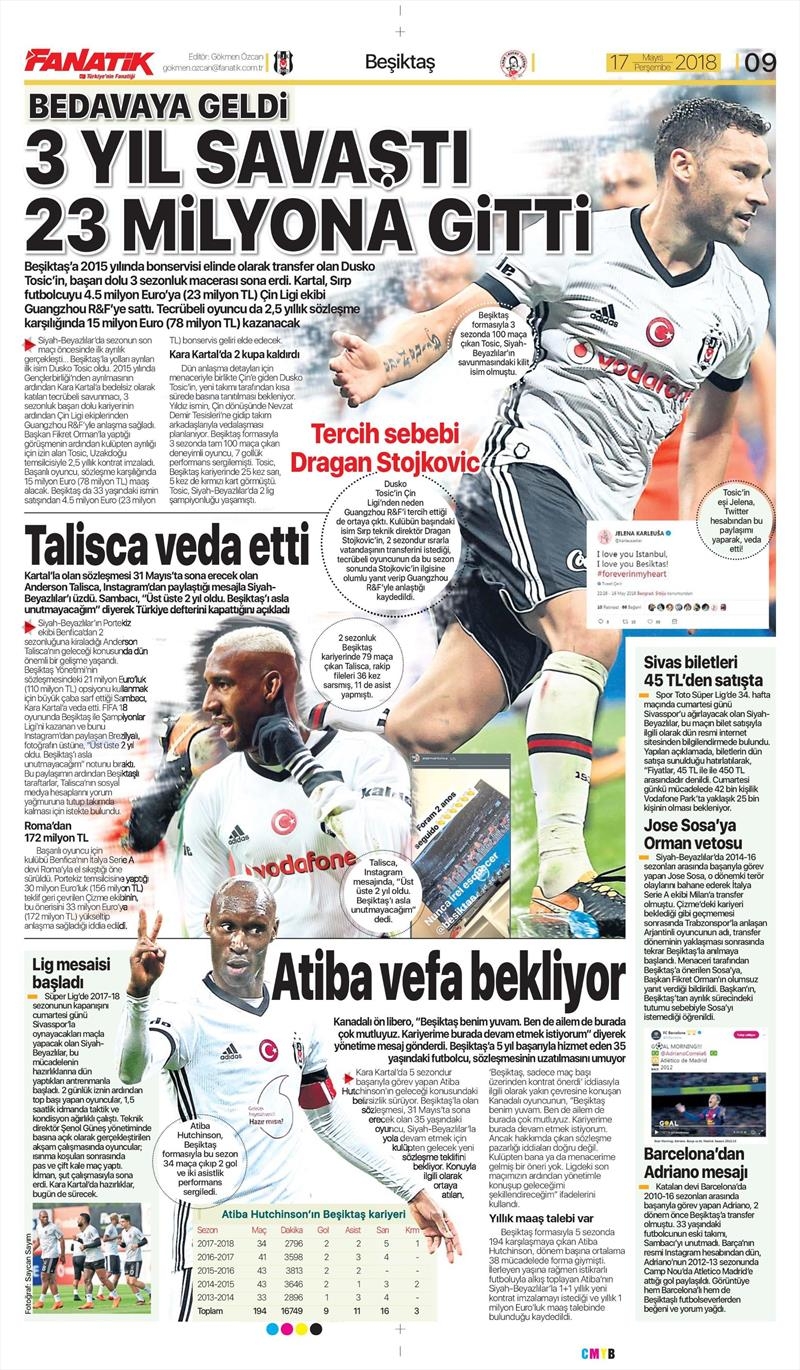 17 Mayıs 2018 | Gazetelerin Beşiktaş Manşetleri - Görsel 1