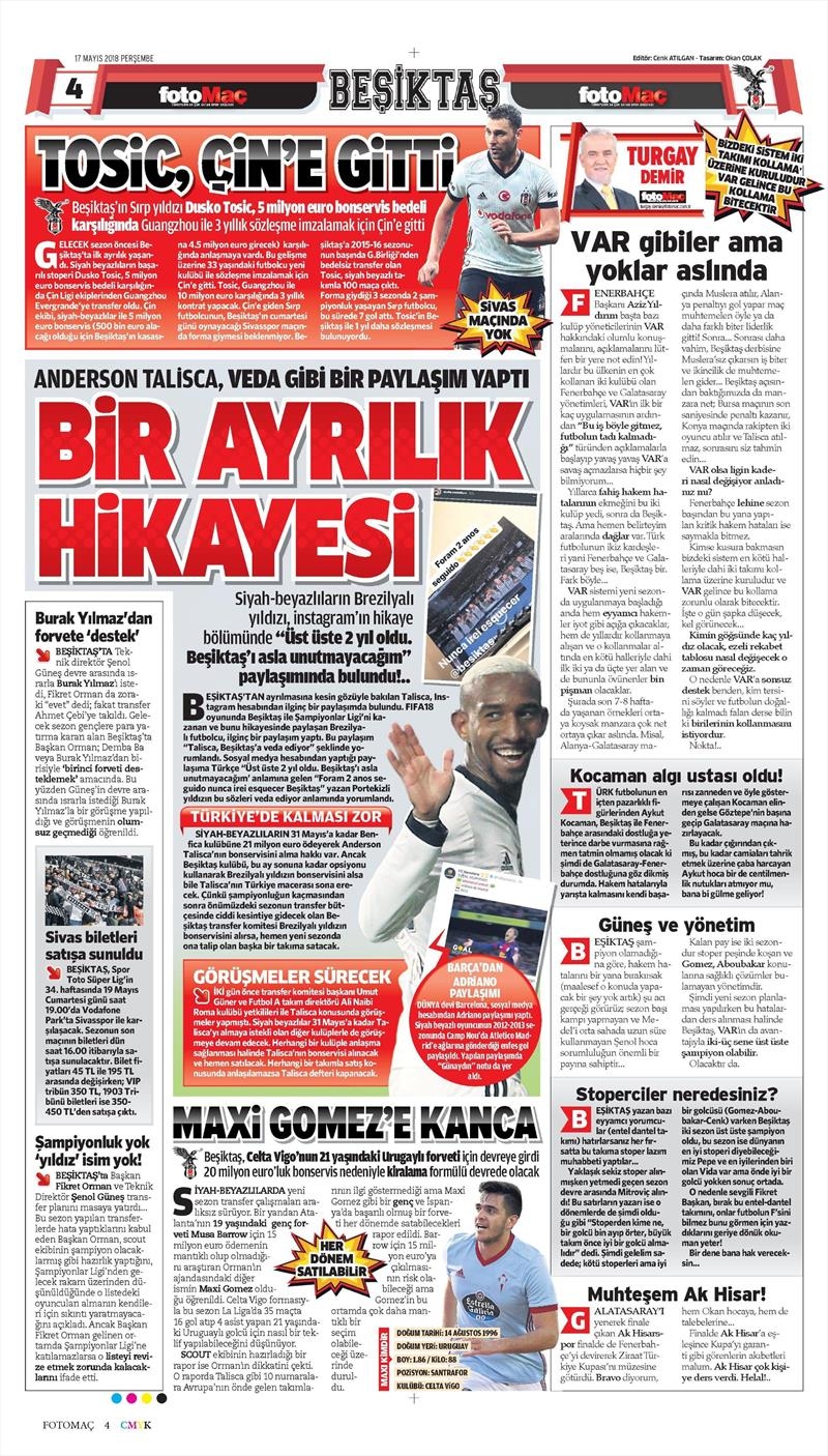 17 Mayıs 2018 | Gazetelerin Beşiktaş Manşetleri - Görsel 9