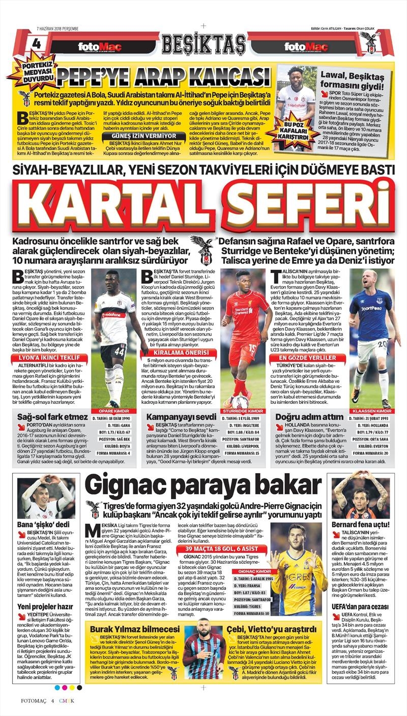 7 Haziran 2018 | Gazetelerin Beşiktaş Manşetleri - Görsel 7
