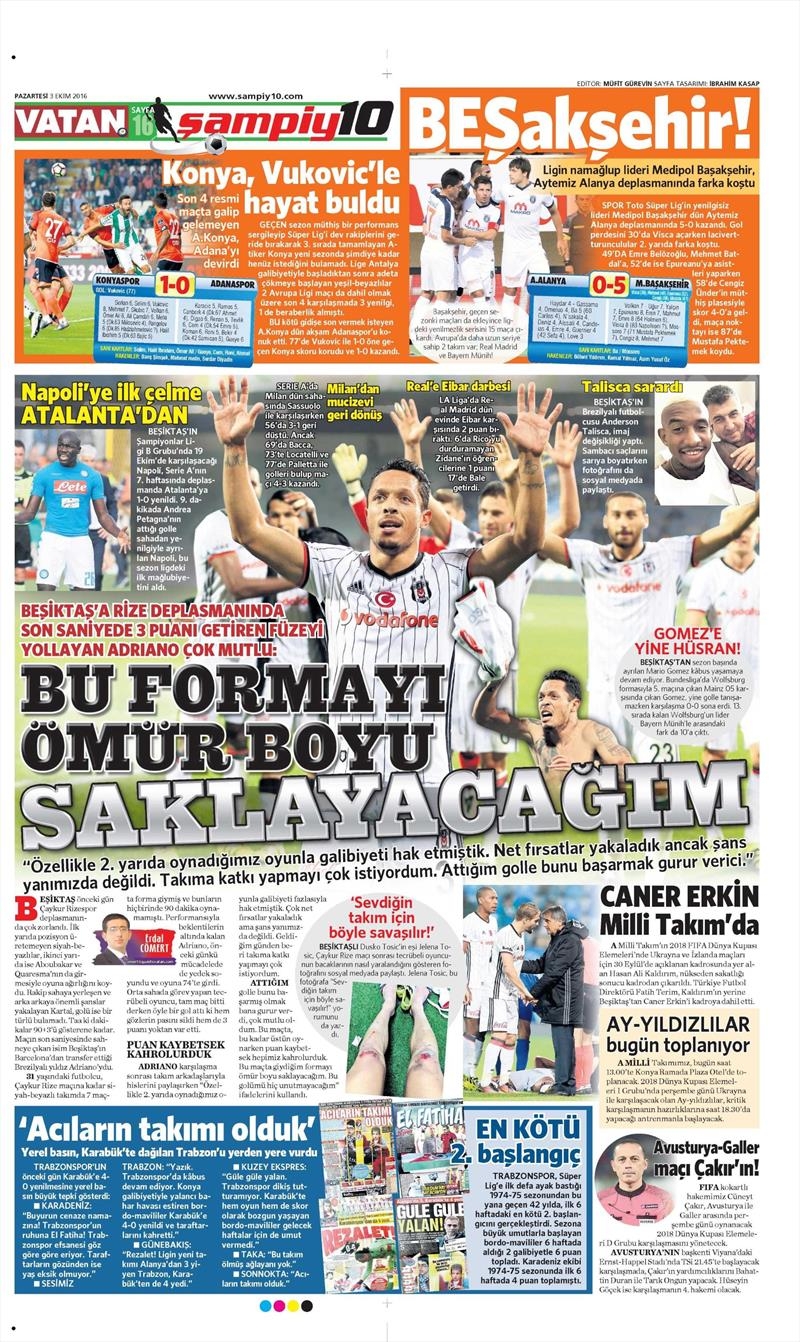 3 Ekim 2016 | Beşiktaş sayfaları - Görsel 1