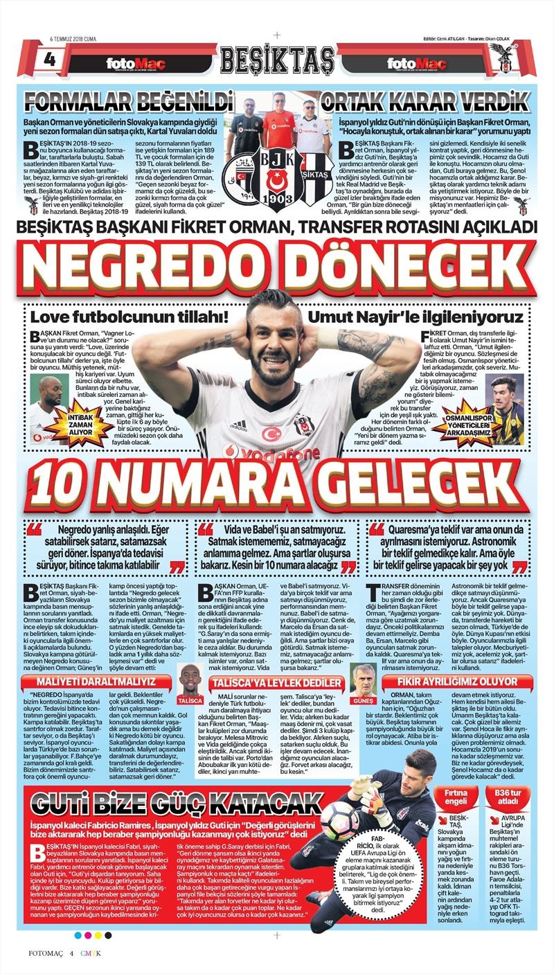 6 Temmuz 2018 | Gazetelerin Beşiktaş Manşetleri - Görsel 9