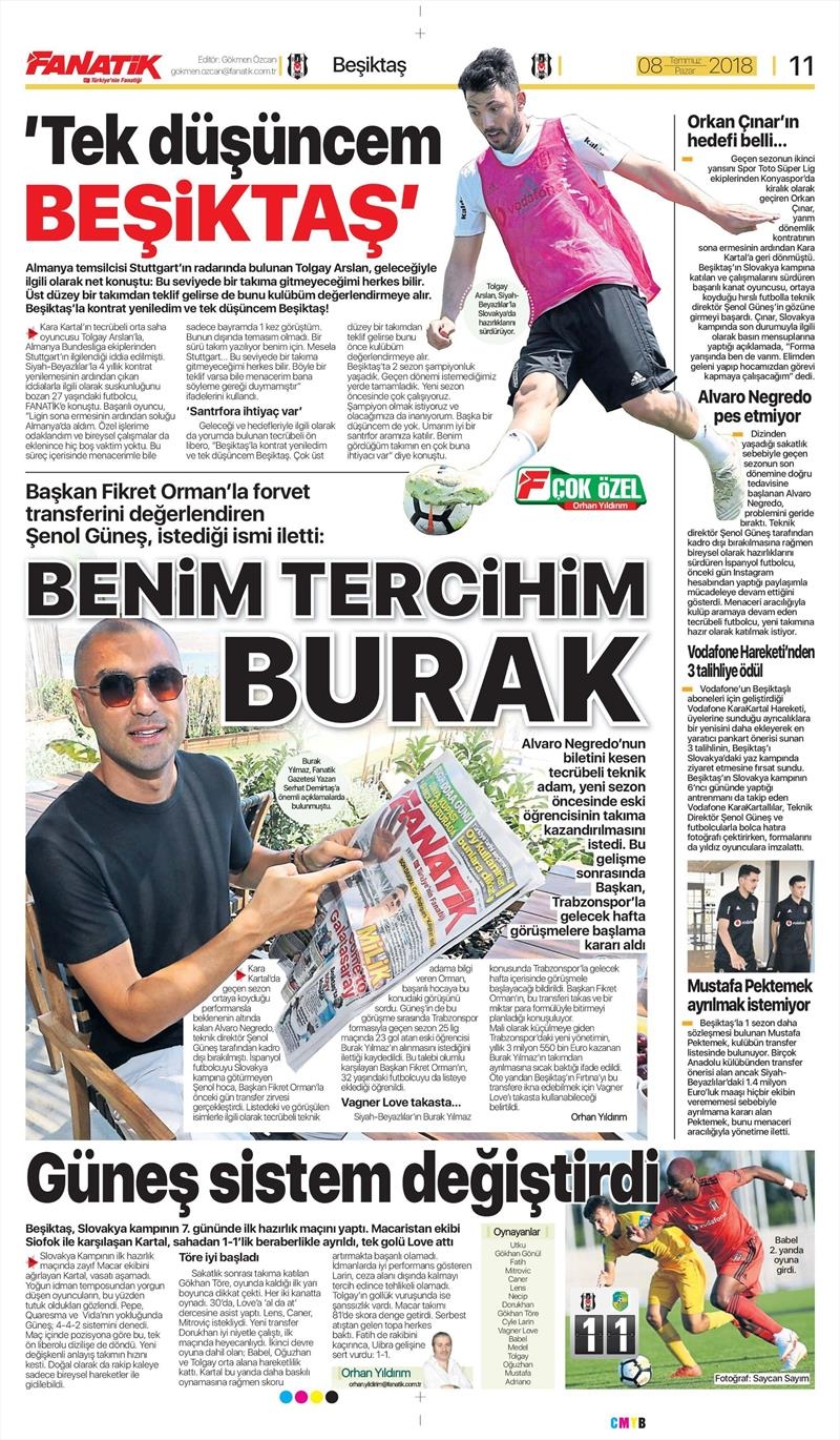 8 Temmuz 2018 | Gazetelerin Beşiktaş Manşetleri - Görsel 1