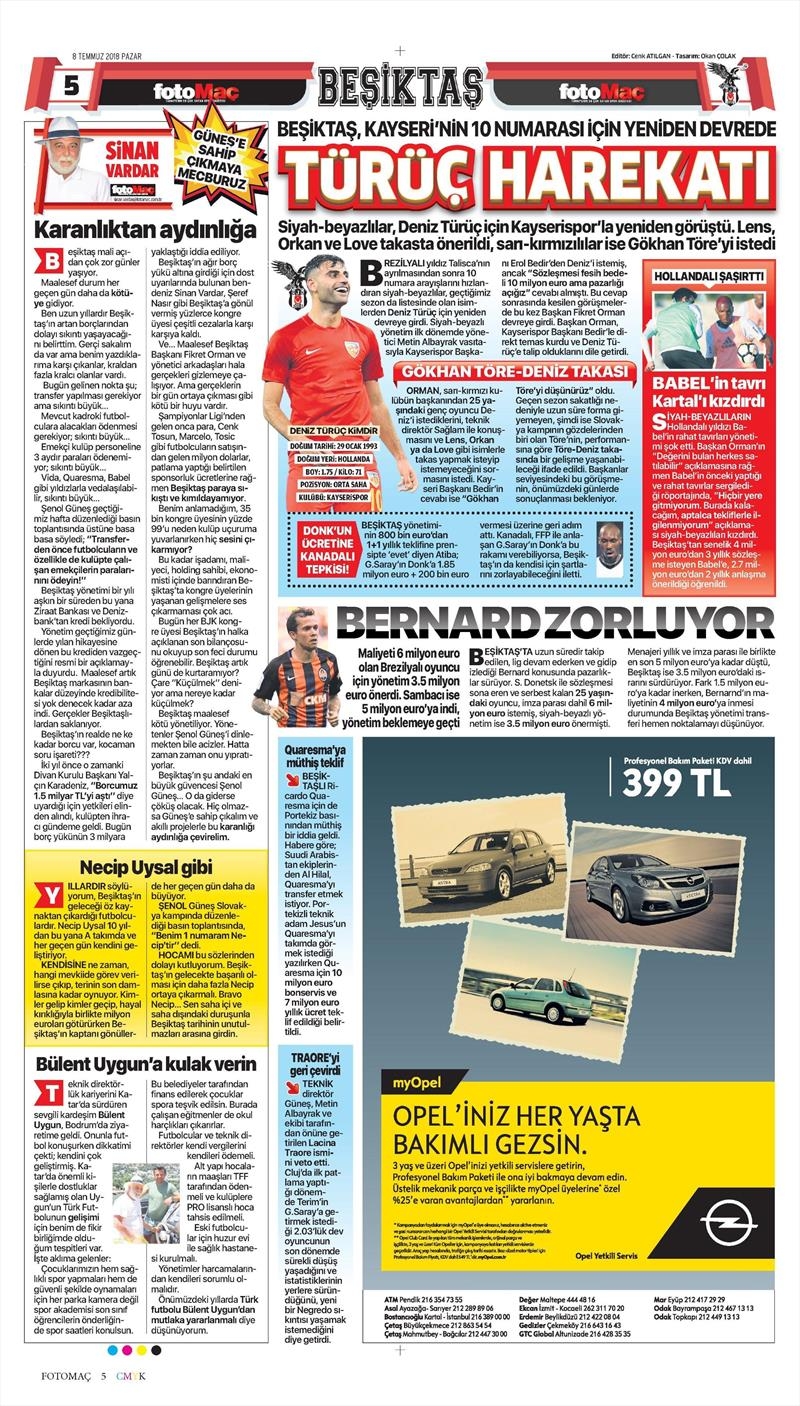 8 Temmuz 2018 | Gazetelerin Beşiktaş Manşetleri - Görsel 2