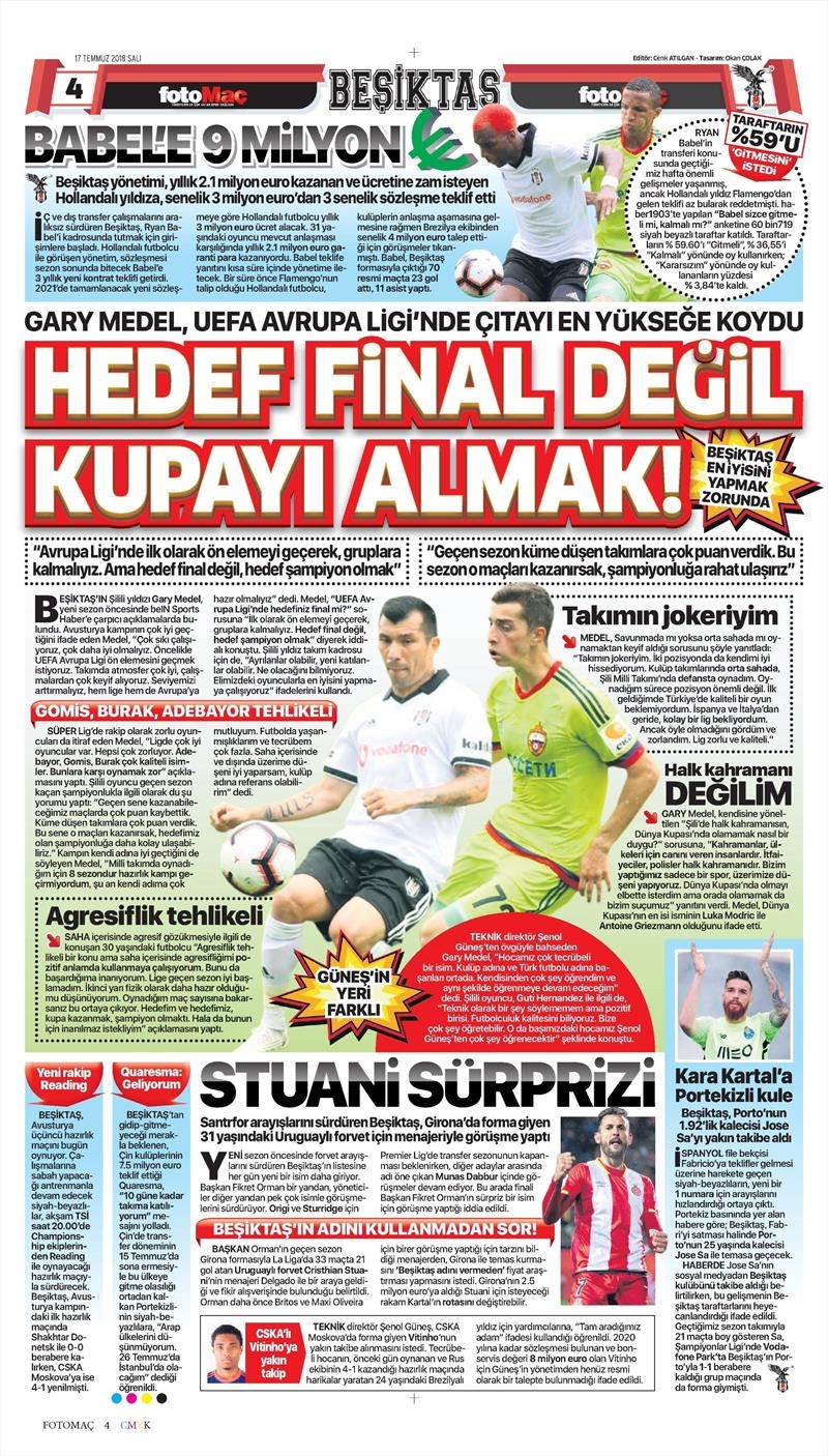 17 Temmuz 2018 | Gazetelerin Beşiktaş Manşetleri - Görsel 9