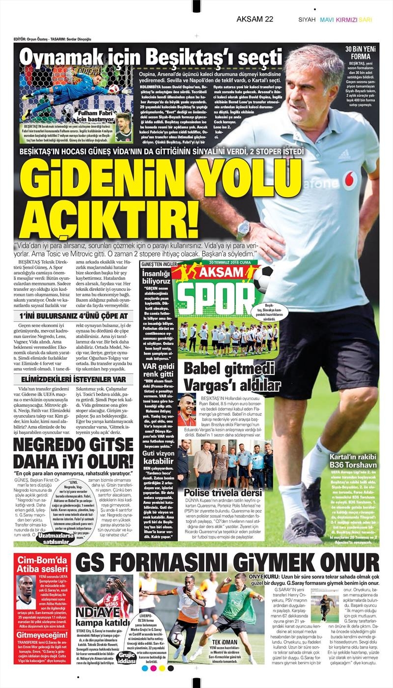 20 Temmuz 2018 | Gazetelerin Beşiktaş Manşetleri - Görsel 1
