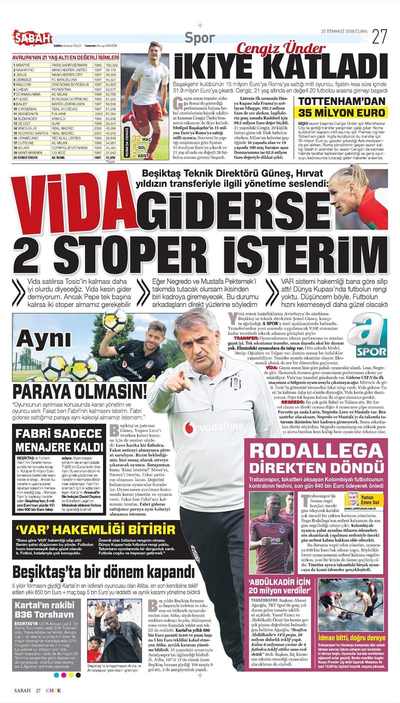20 Temmuz 2018 | Gazetelerin Beşiktaş Manşetleri - Görsel 6