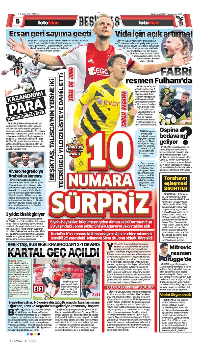 21 Temmuz 2018 | Gazetelerin Beşiktaş Manşetleri - Görsel 5