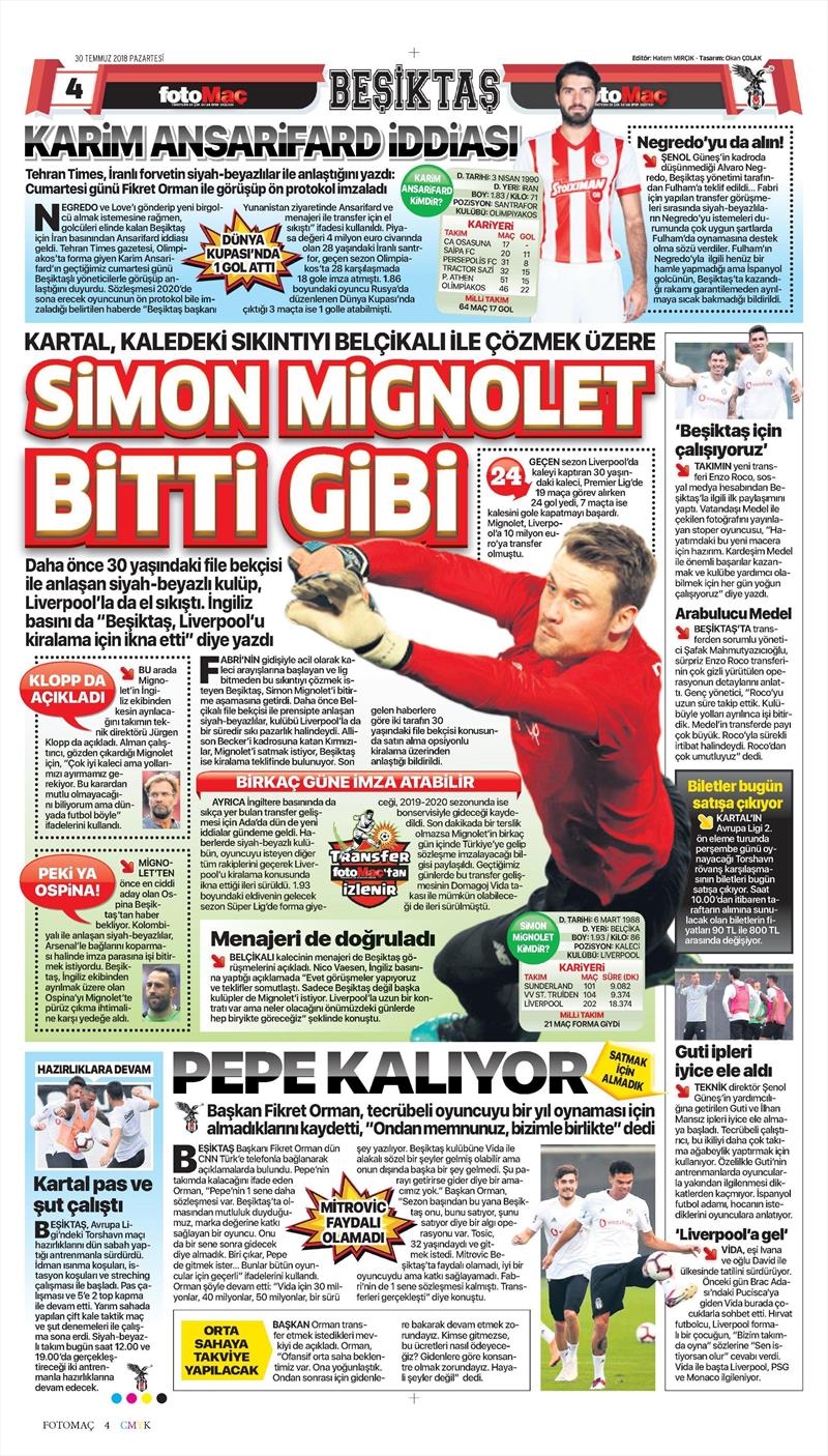 30 Temmuz 2018 | Gazetelerin Beşiktaş Manşetleri - Görsel 7