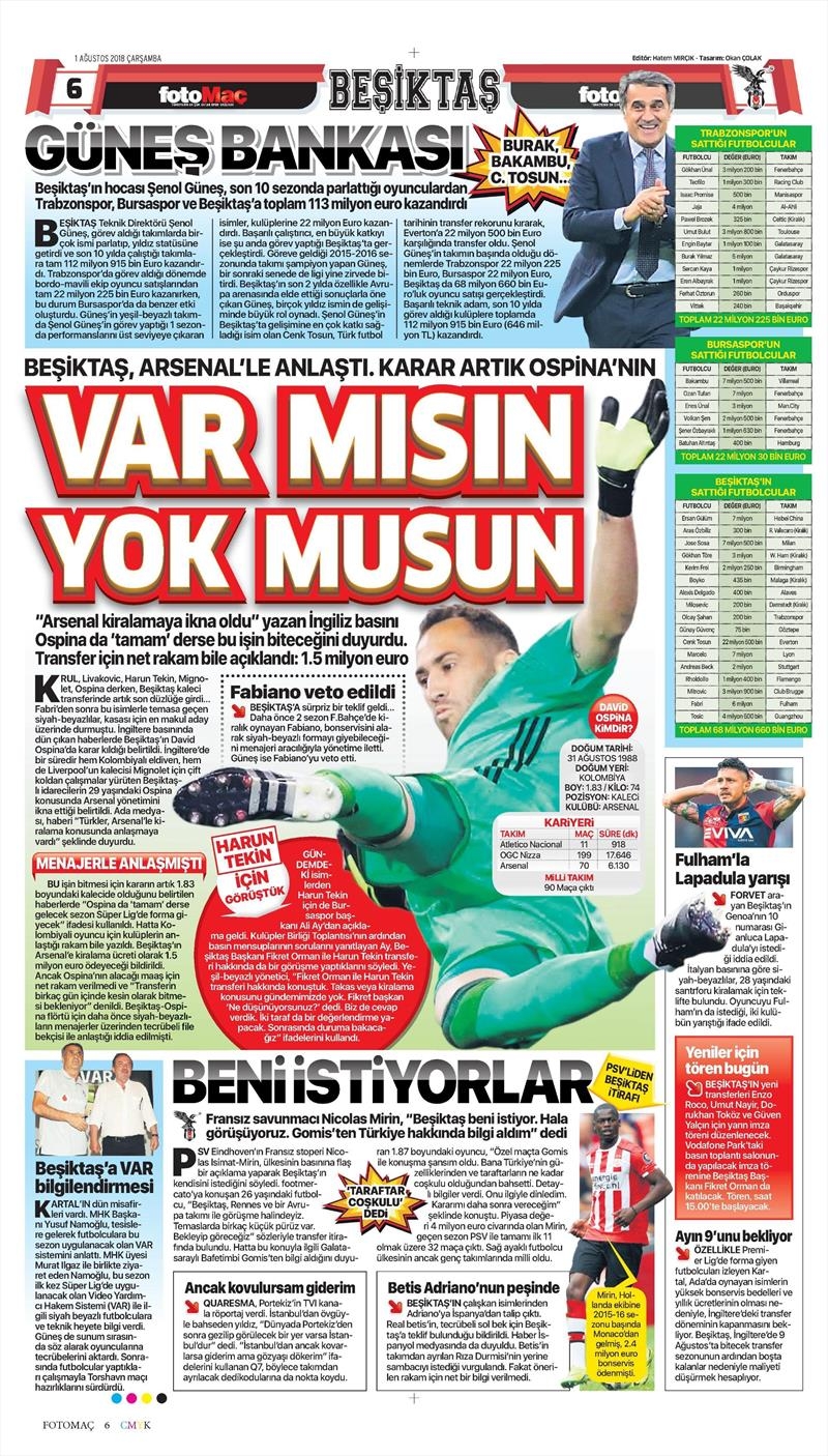 1 Ağustos 2018 | Gazetelerin Beşiktaş Manşetleri - Görsel 6