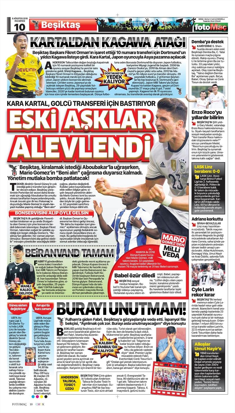 6 Ağustos 2018 | Gazetelerin Beşiktaş Manşetleri - Görsel 5