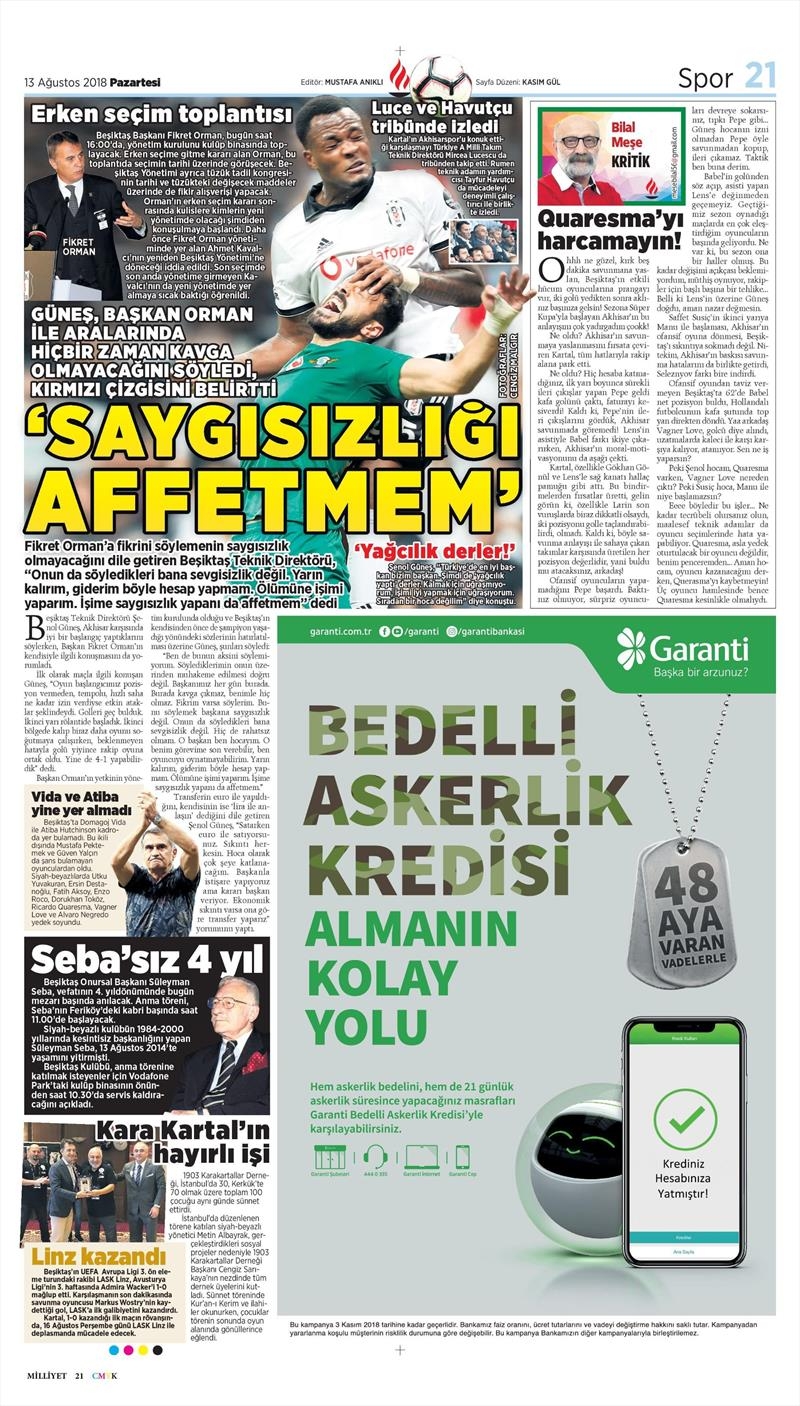 13 Ağustos 2018 | Gazetelerin Beşiktaş Manşetleri - Görsel 19
