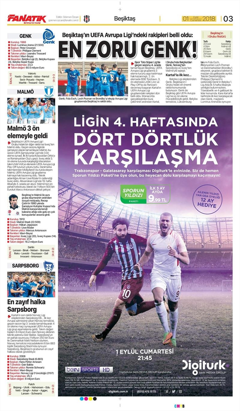 1 Eylül 2018 | Gazetelerin Beşiktaş Manşetleri - Görsel 1
