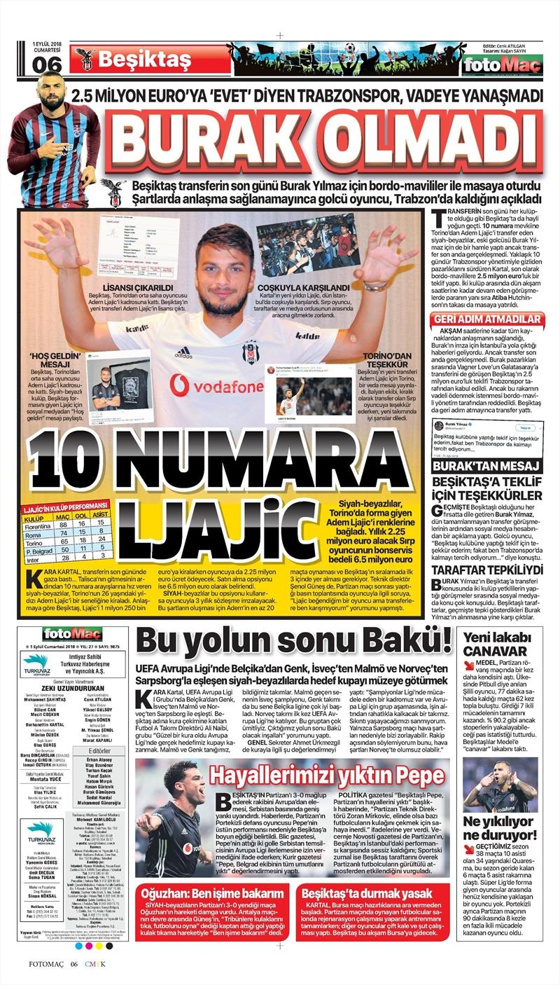 1 Eylül 2018 | Gazetelerin Beşiktaş Manşetleri - Görsel 5