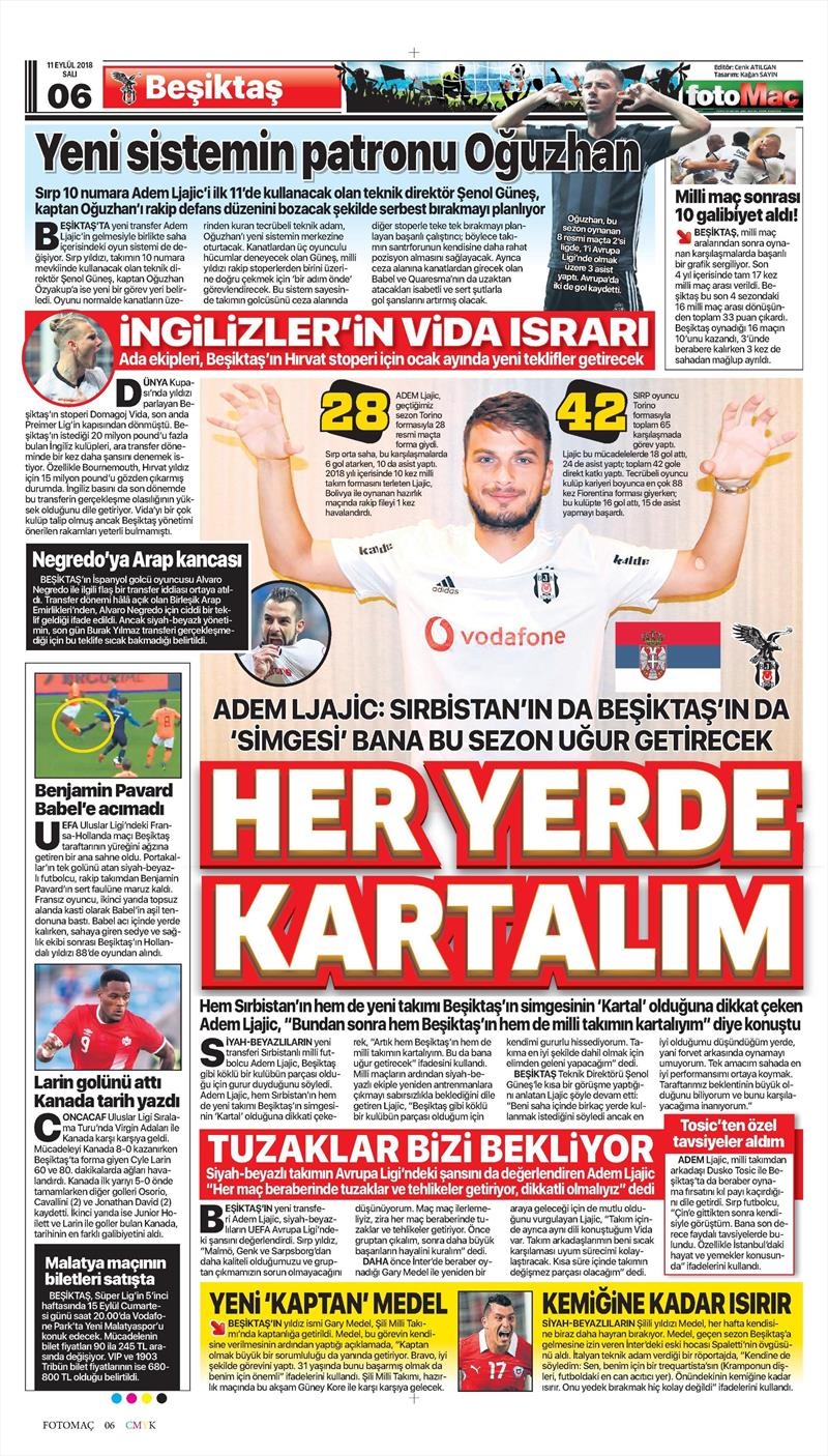 11 Eylül 2018 | Gazetelerin Beşiktaş Manşetleri - Görsel 9
