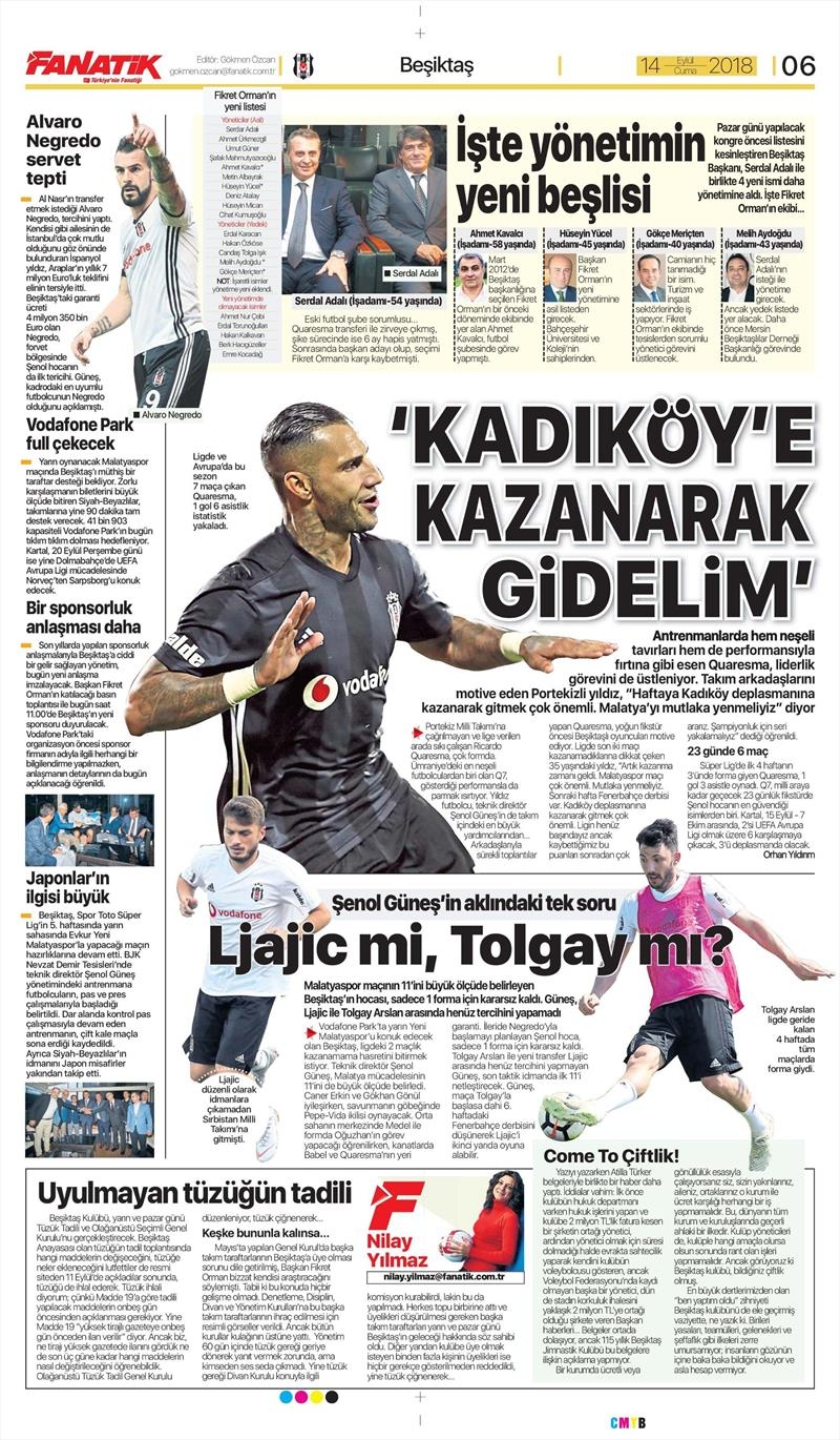 14 Eylül 2018 | Gazetelerin Beşiktaş Manşetleri - Görsel 1