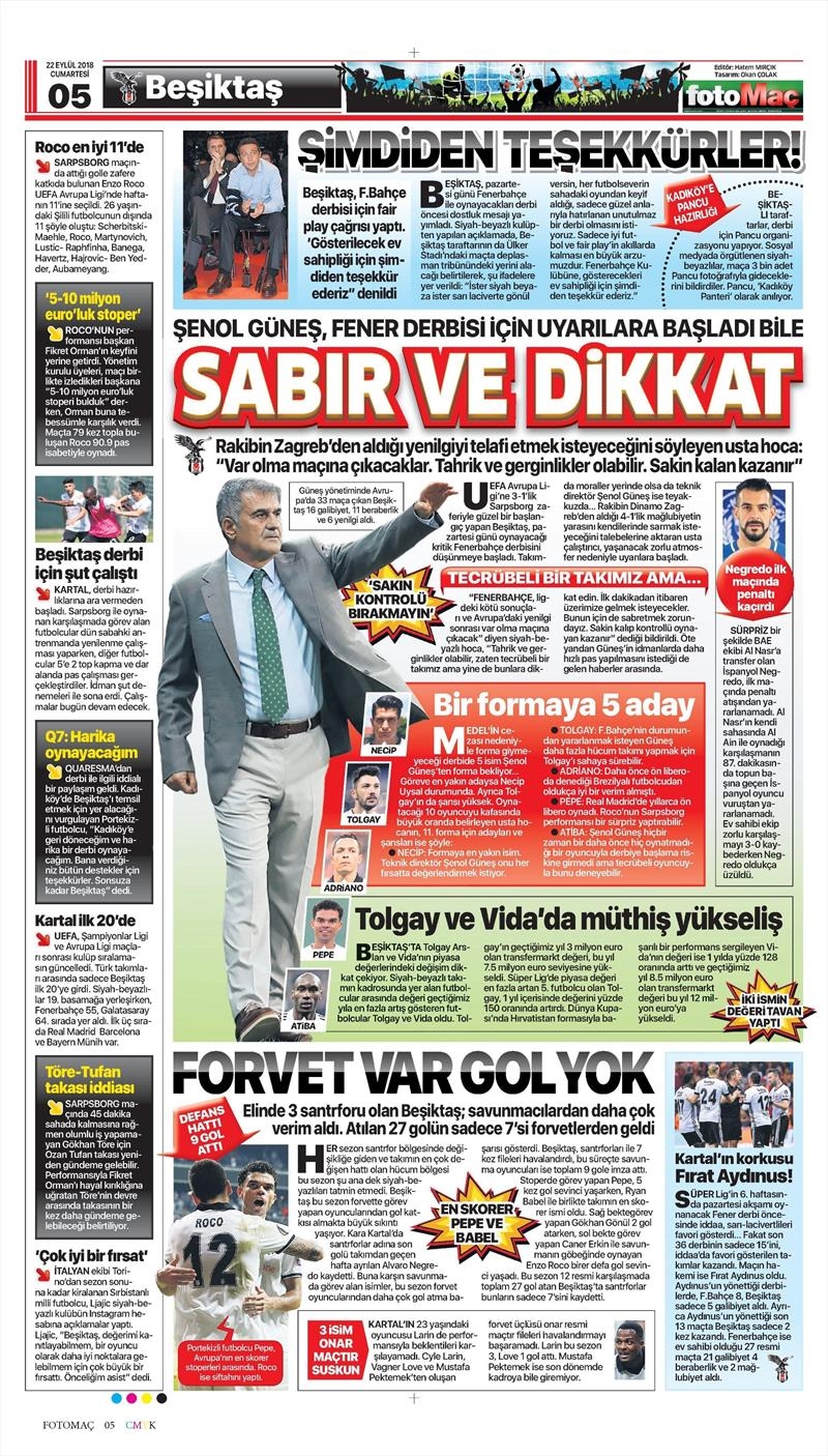 22 Eylül 2018 | Gazetelerin Beşiktaş Manşetleri - Görsel 5