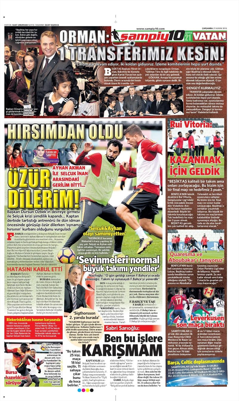 23 Kasım 2016 | Gazetelerin Beşiktaş sayfaları - Görsel 1