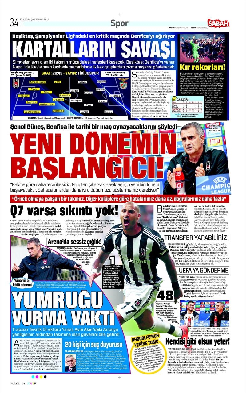 23 Kasım 2016 | Gazetelerin Beşiktaş sayfaları - Görsel 5