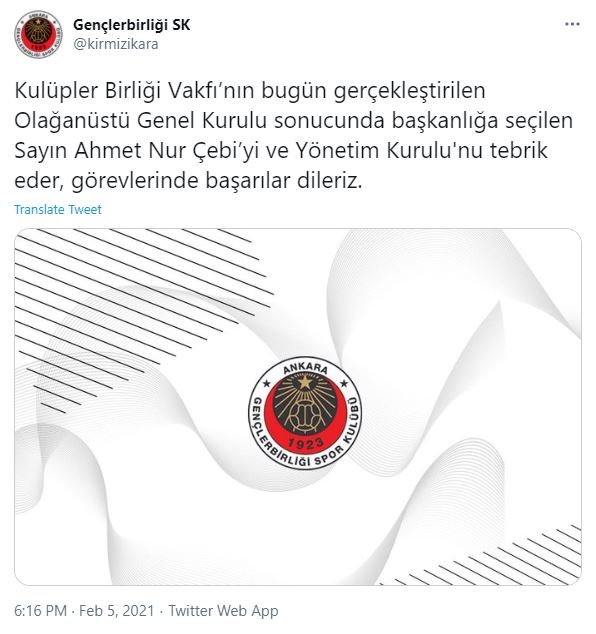 Kulüpler Birliği Başkanı seçilen Ahmet Nur Çebi'ye Süper Lig takımlarından tebrik mesajları geldi. - Görsel 2