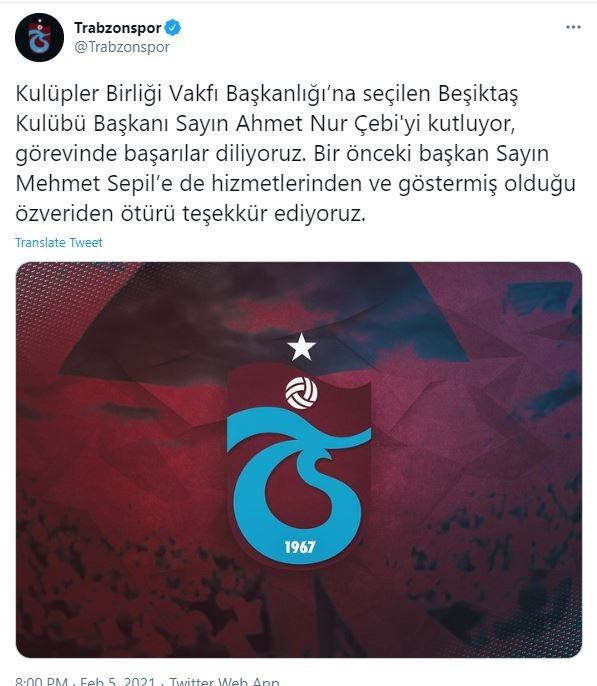 Kulüpler Birliği Başkanı seçilen Ahmet Nur Çebi'ye Süper Lig takımlarından tebrik mesajları geldi. - Görsel 4