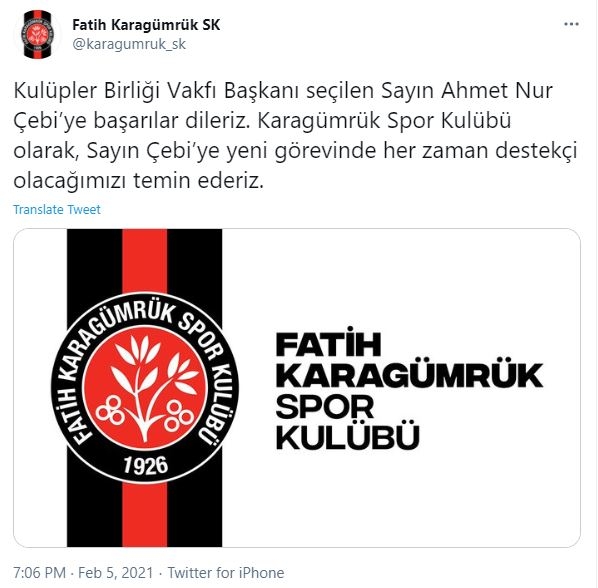 Kulüpler Birliği Başkanı seçilen Ahmet Nur Çebi'ye Süper Lig takımlarından tebrik mesajları geldi. - Görsel 6