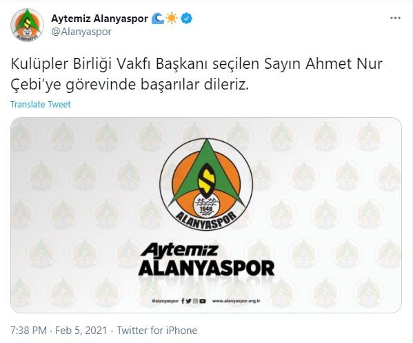 Kulüpler Birliği Başkanı seçilen Ahmet Nur Çebi'ye Süper Lig takımlarından tebrik mesajları geldi. - Görsel 8